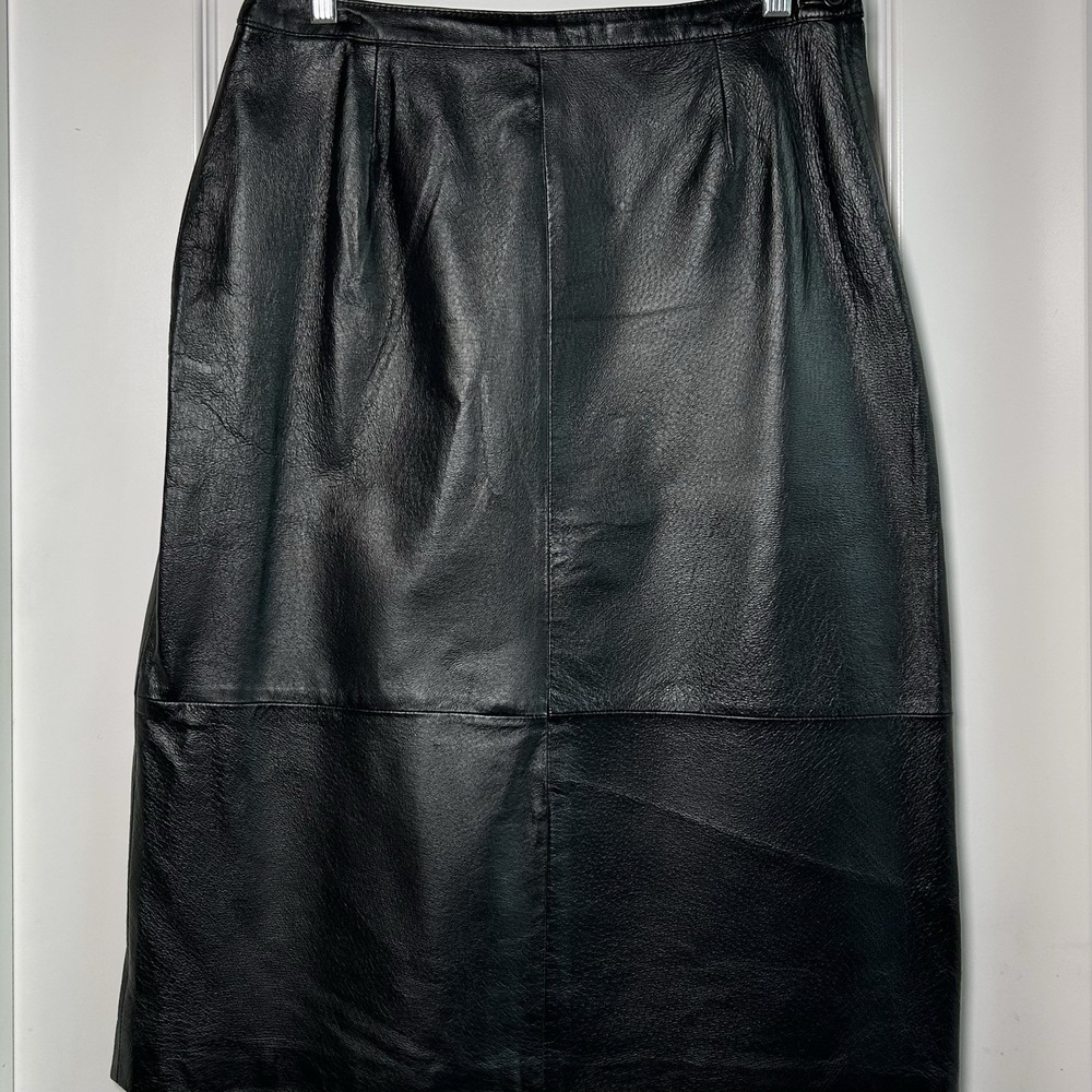 Boutique Europa Vintage 80s 100% Genuine Leather Black Panelled Midi‎ Skirt